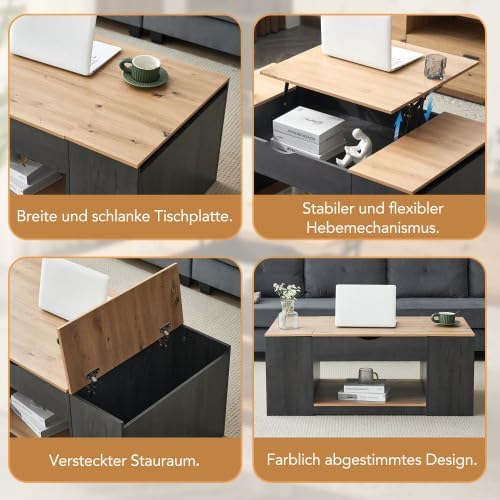 Merax Höhenverstellbarer Couchtisch mit Holzmaserung, Grauer Korpus &amp; Geheime Stauräume, 109cm Kaffe