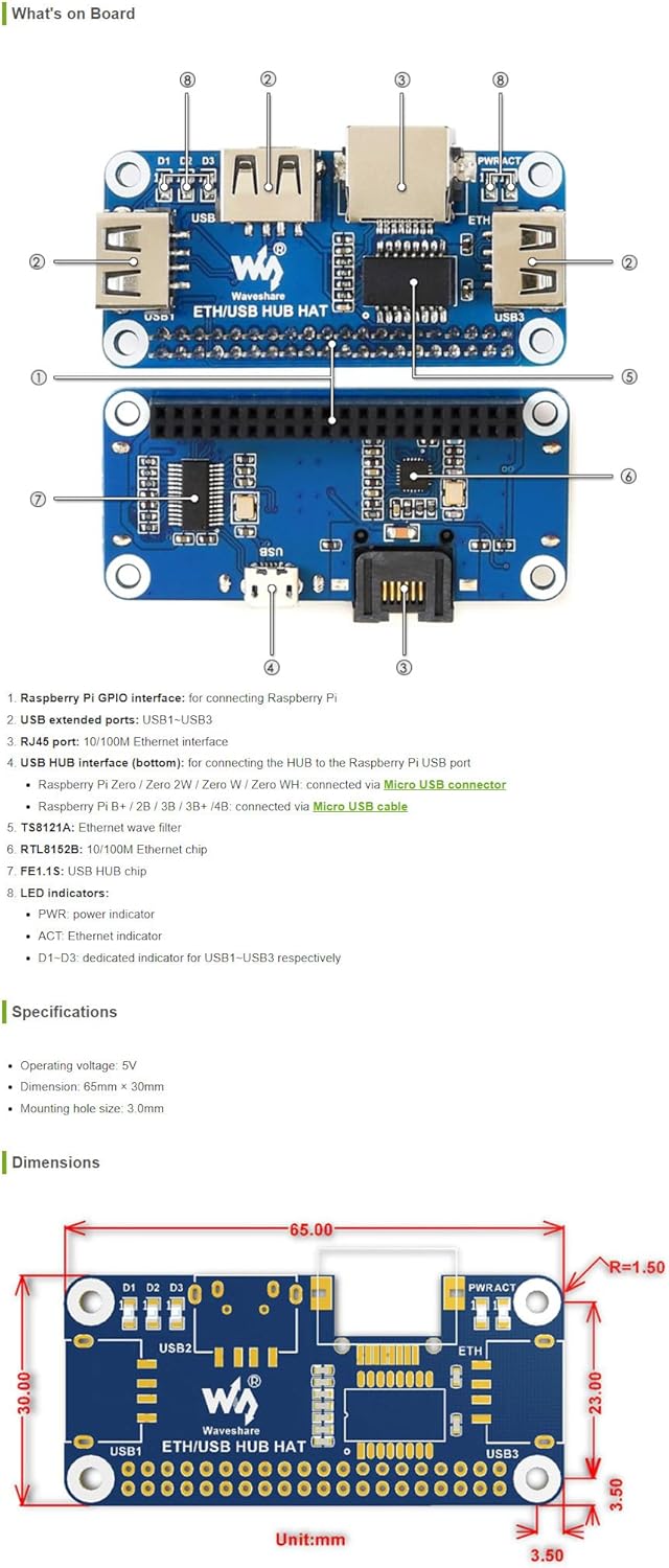 Waveshare Ethernet/USB HUB HAT for Raspberry Pi, 1x RJ45 Ethernet Port Based on RTL8152B Chip, 3X US