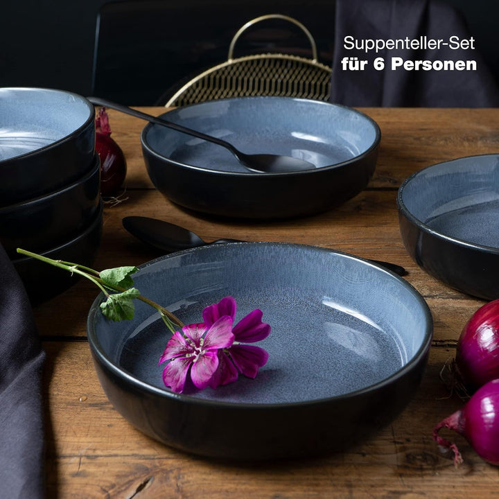 Moritz &amp; Moritz VIDA 6er Suppen Teller Set Blau - Suppenteller für 6 Personen - Porzellan spülmaschi