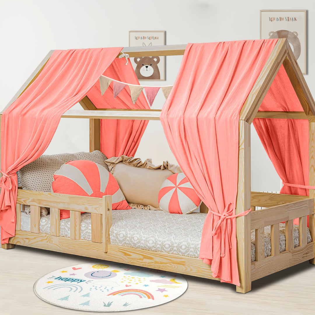 Hausbett Himmel Deko Set, Betthimmel Hausbett aus Musselin - 2 Betthimmel & 1 Wimpelkette, für Junge