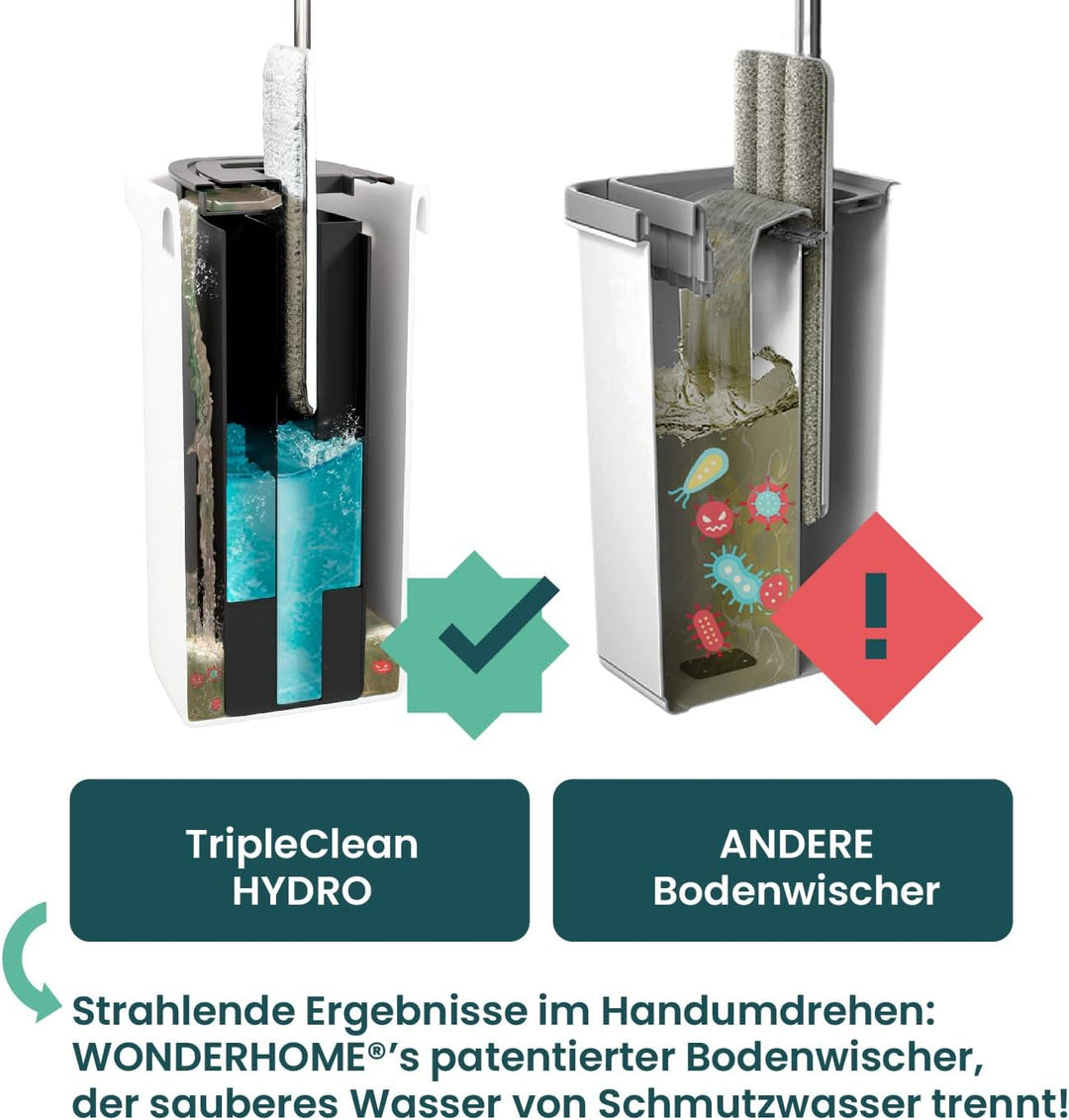 Wischmopp Set mit Eimer – Bodenwischer mit 3-Kammersystem - Wischer mit grossvolumigen Putzeimer - M