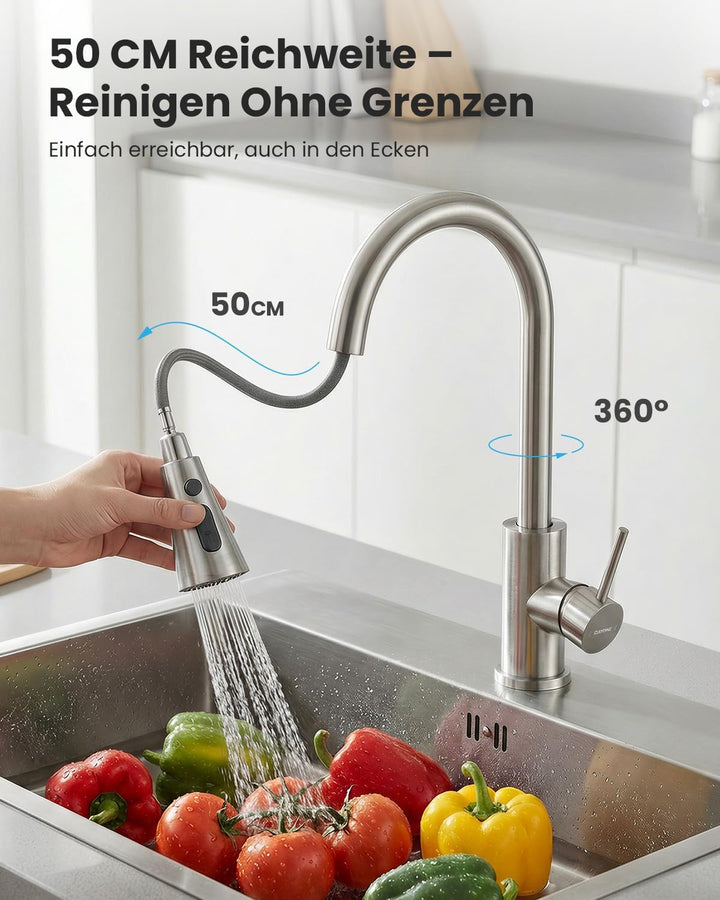 DAYONE Niederdruck Küchenarmatur, Ausziehbarer Wasserhahn mit 3 Strahlarten, Wasserhahn Küche mit 3