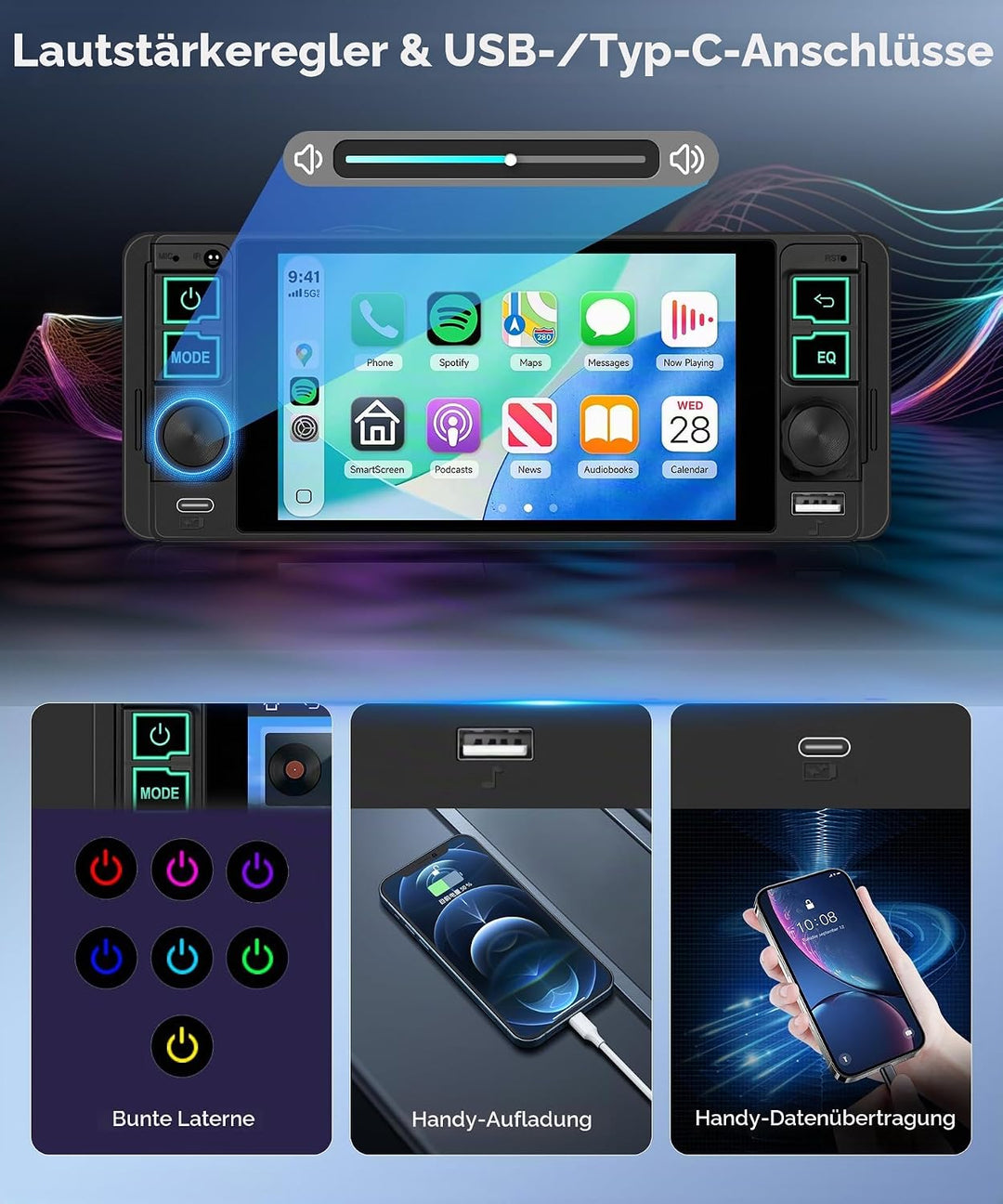 Hodozzy 1 Din Autoradio mit Drahtlos Carplay Android Auto, 5.1 Zoll In-Cell Bildschirm,Unterstützt B