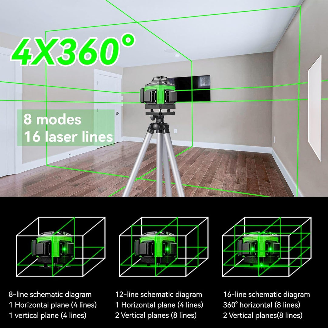 Kreuzlinienlaser Grün 4 x 360°, 4D 16 Linien laser wasserwaage, selbstnivellierender, horizontaler u