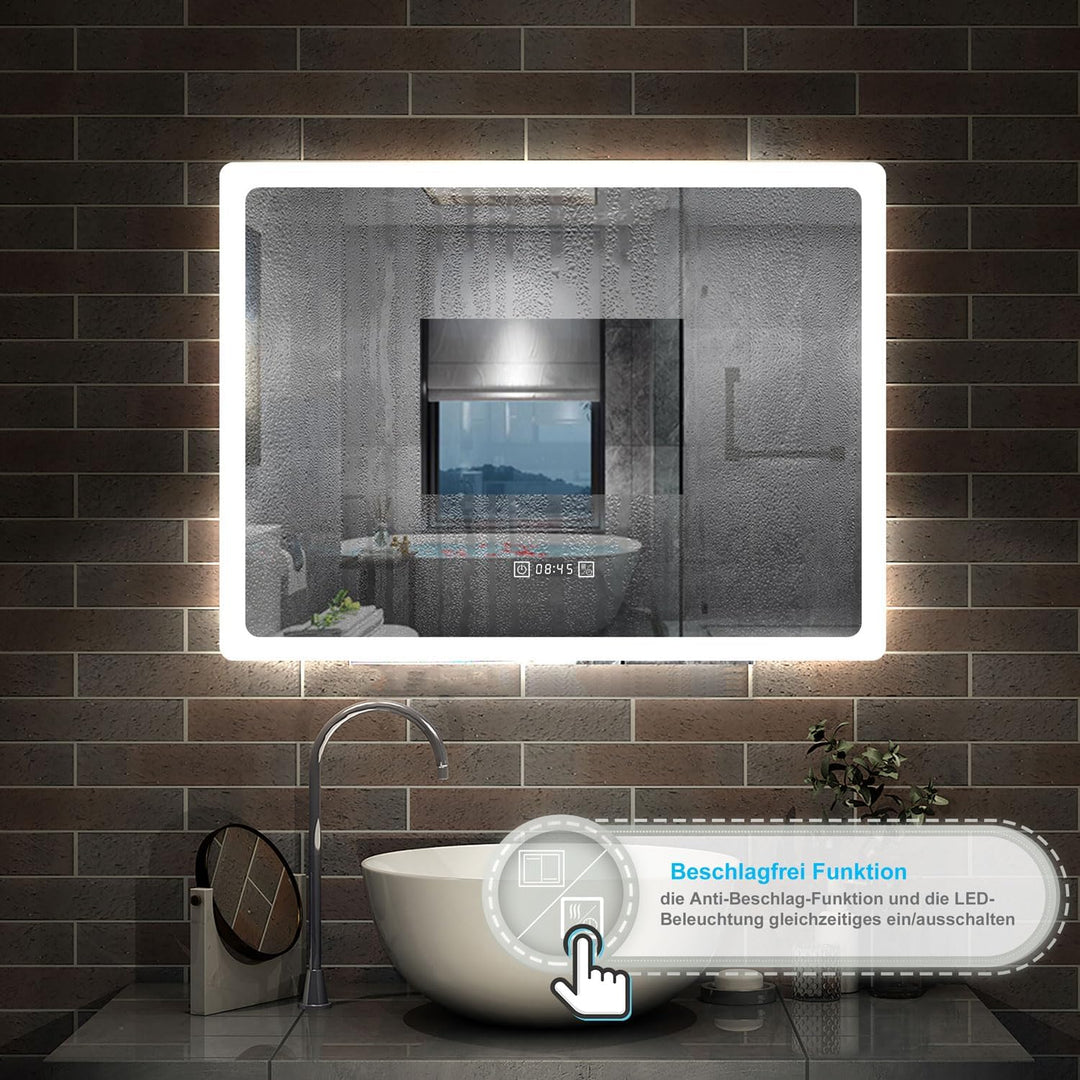 Aica Sanitär LED Badspiegel 80×60cm mit Uhr 3 Lichfarbe dimmbar Memory Wand/Touchschalter Anti-Besch