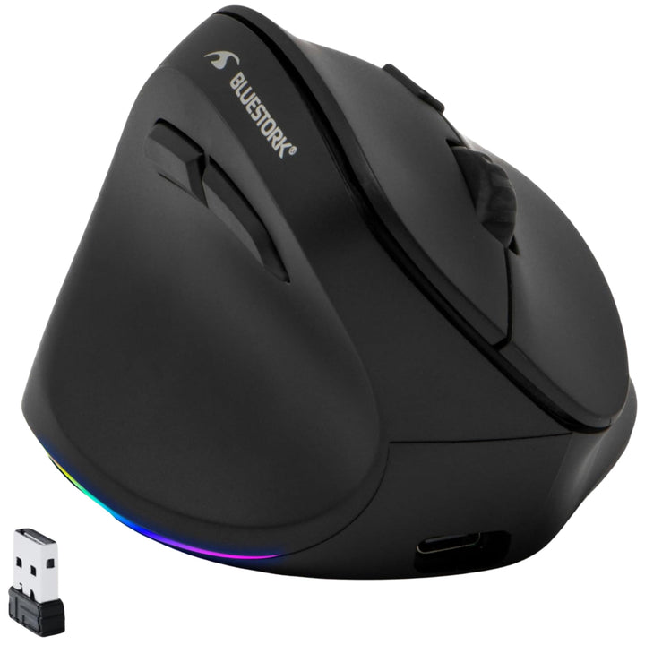 Bluestork - Ergonomische Vertikale Kabellose Maus 4800 DPI RGB Links | Kabellos 2.4GHz &amp; Bluetooth,