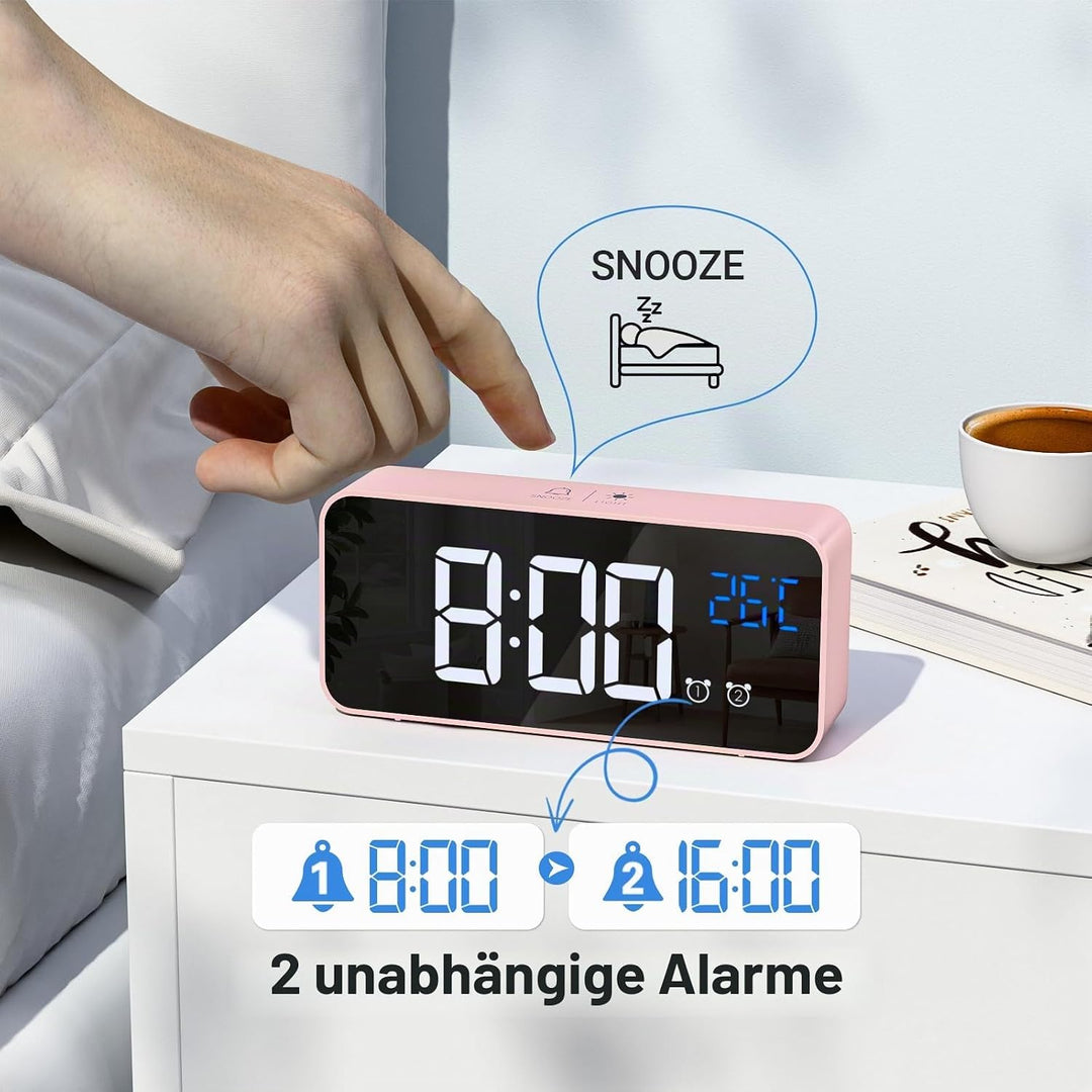 Wecker Digital, LED Digitaluhr mit Temperaturanzeige Tragbarer Spiegelalarm Tischuhr mit 2 Alarmen 1