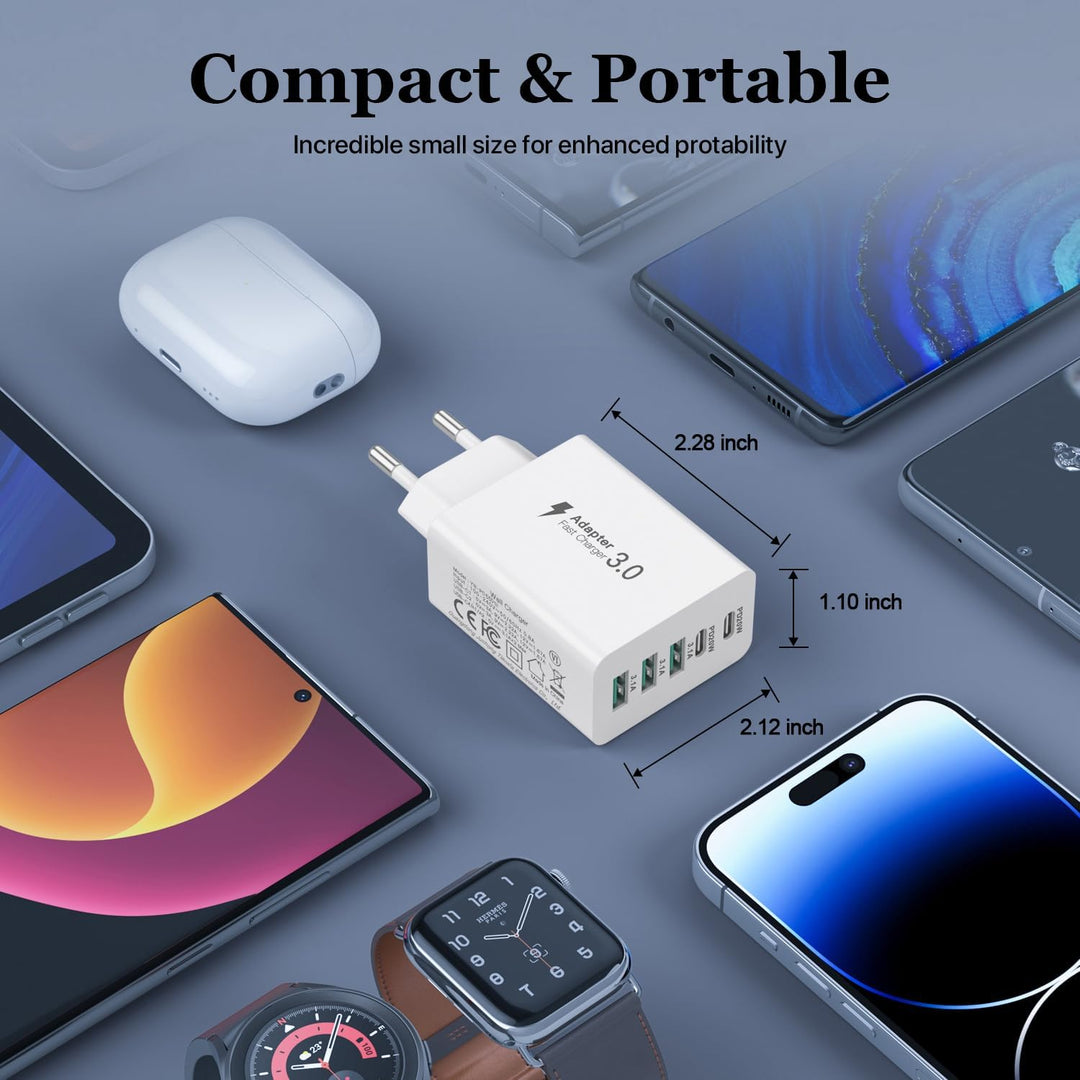 2er Pack USB C Ladegerät 50W, 5 Ports Mehrfach USB Stecker mit【2 USBC+3 USBA】, 50W Netzteil Wand-Lad