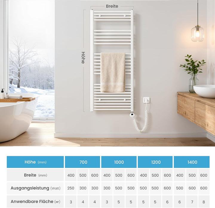 Heilmetz Handtuchheizkörper Elektrisch 1200 x 400 mm, Smart WiFi Thermostat Elektrischer Badheizkörp
