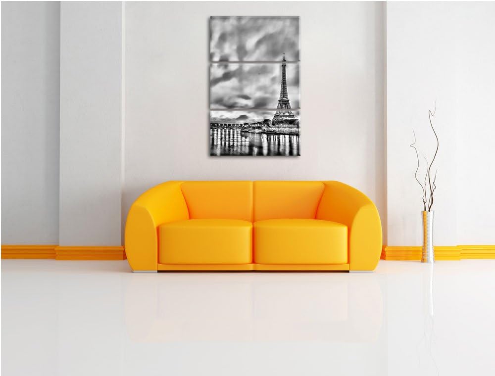 Pixxprint Monocrome, Eifelturm Paris bei Nacht 3-Teiler Leinwandbild 120x80 Bild auf Leinwand