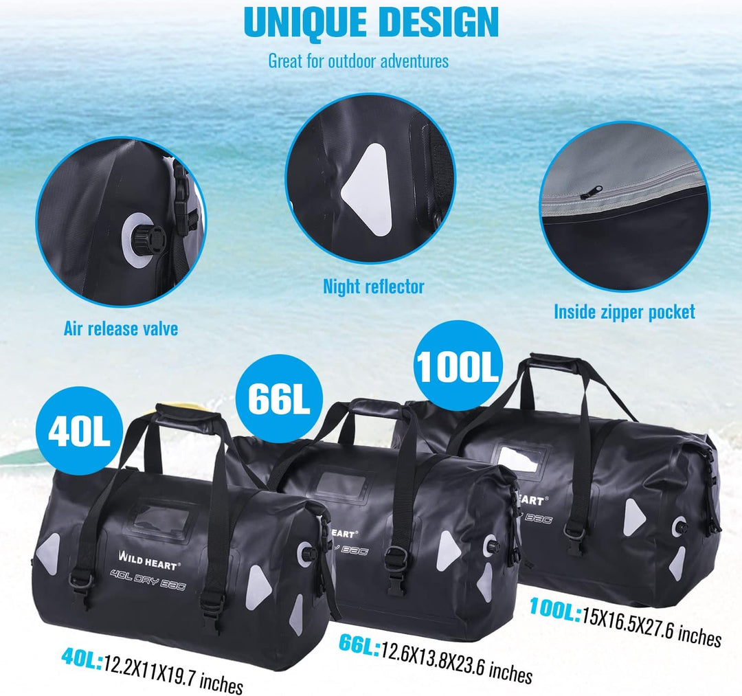 WILD HEART wasserdichte Reisetasche, 40 l 66 l, 100 l, mit verschweissten Nähten, Schultergurten, Ne