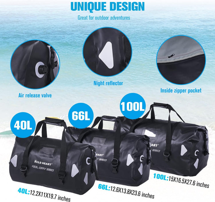WILD HEART wasserdichte Reisetasche, 40 l 66 l, 100 l, mit verschweissten Nähten, Schultergurten, Ne