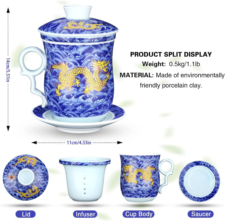 YURROAD 400ml Chinesische Teetasse, 4 in 1 Tee Becher Porzellan mit Sieb/Infusor/Deckel und Untertas
