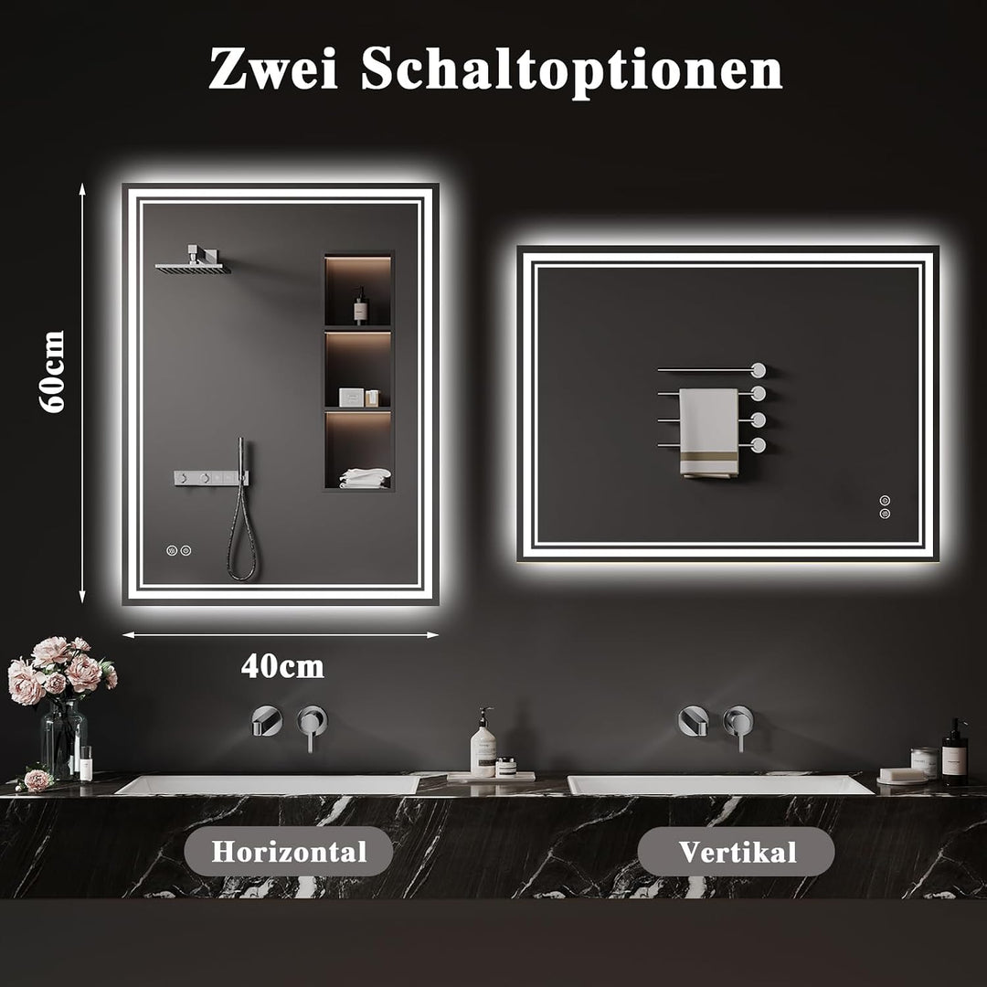 Badspiegel-mit-Beleuchtung 40x60cm LED Badezimmer-Spiegel mit Beschlagfrei, Touch-Schalter, 3 Lichtf