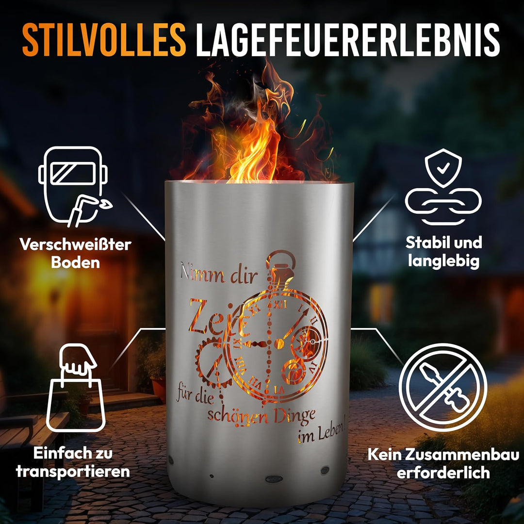 Feuertonne Feuerkorb mit Zeit Motiv - Nimm dir Zeit für die schönen Dinge im Leben - Gartenfeuer Lag