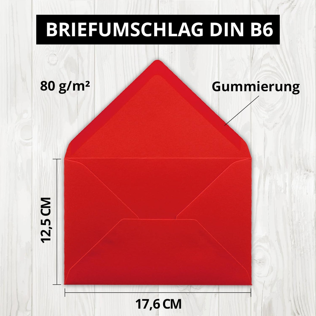 500x Brief-Umschläge leuchtendes Rot - 80 g/m² - Kuverts in DIN B6 Format 12,5 x 17,6 cm - Nassklebu