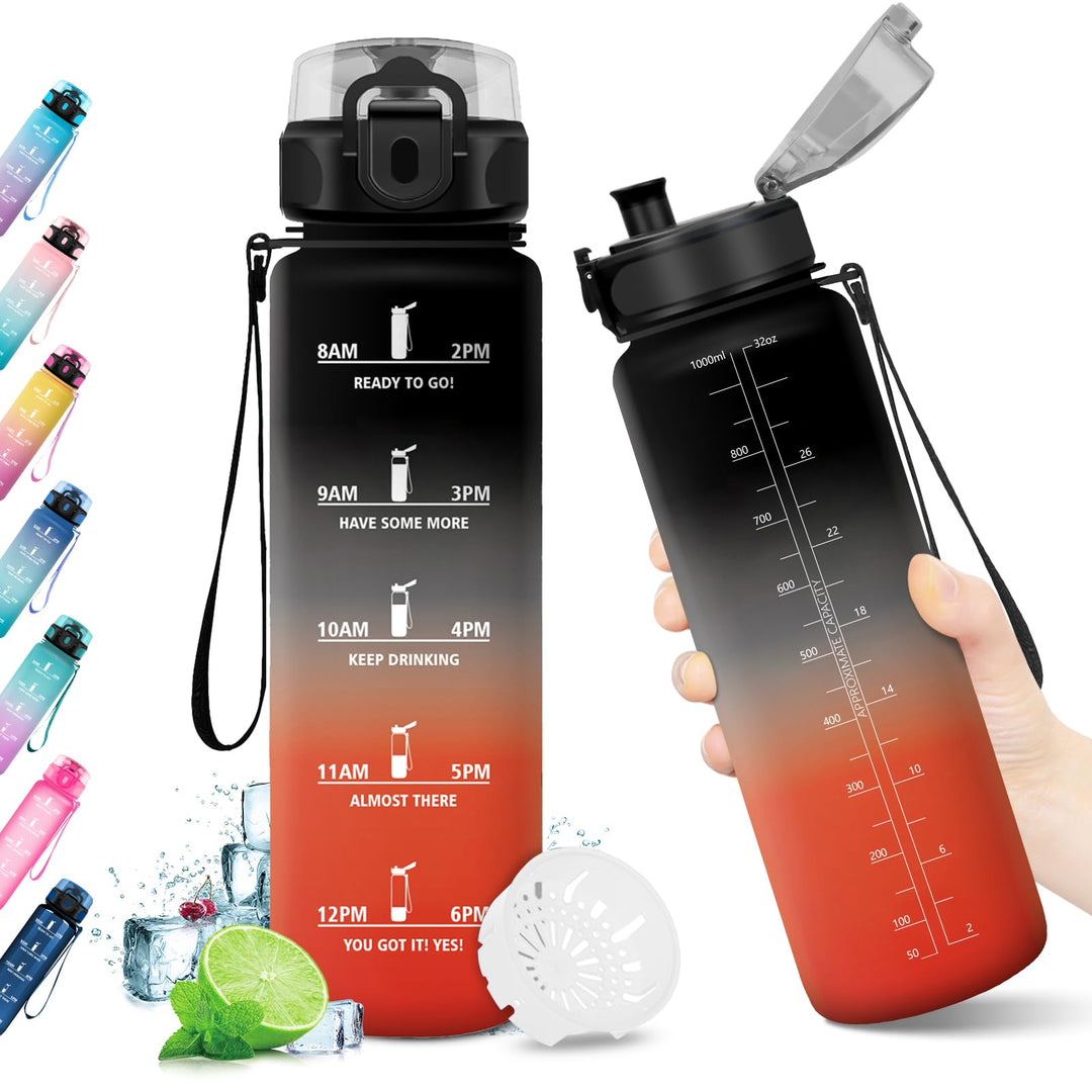 KollyKolla Trinkflasche Kohlensäure Geeignet, 500ml/1L/1.5L, Sport Trinkflasche mit Zeitmarkierung,