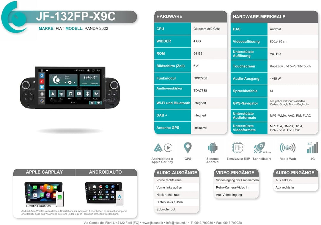 Universelles Autoradio für FIAT Panda 2022 Android GPS Bluetooth WiFi USB DAB+ Touchscreen 6.2" 8cor