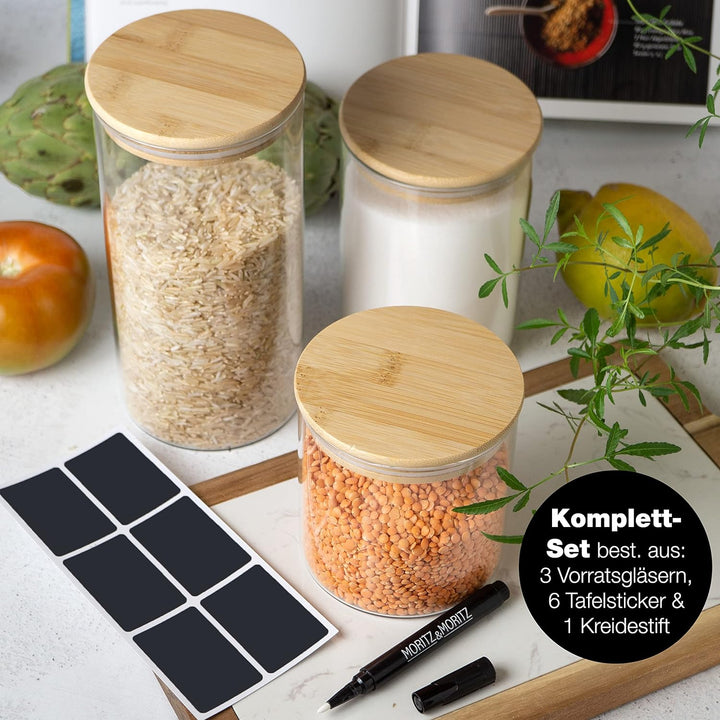 Moritz &amp; Moritz 3x Vorratsgläser mit Deckel Set 500ml, 750ml, 1500ml - 3x Vorratsdosen Glas mit Deck