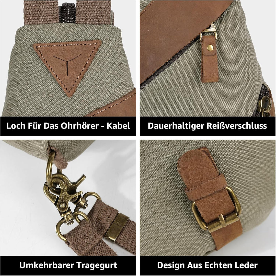 KL928 Canvas Sling Bag, Echte Leder Crossbody Bags Brusttasche Rucksack für Herren und Damen, Should