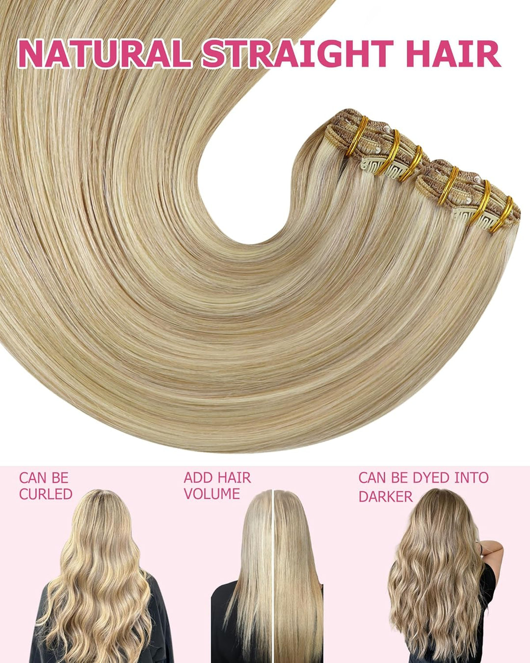 YoungSee Echthaar Extensions Clip Blond,Clip in Extensions-Echthaar Goldblond Highlight Hellblond,Cl
