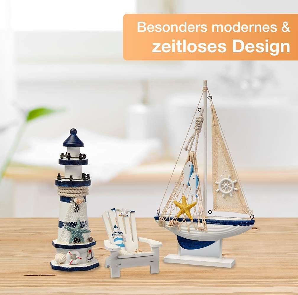 Flanacom Badezimmer Deko - 3er Set - Maritime Badezimmer Deko - Leuchtturm, Segel-Schiff und Strand-