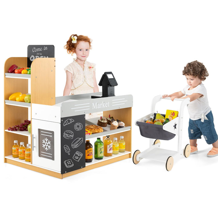 COSTWAY Kaufmannsladen, Kaufladen Kinder mit Einkaufswagen, Supermarkt Holz mit Kasse &amp; 2 Tafeln, Ei