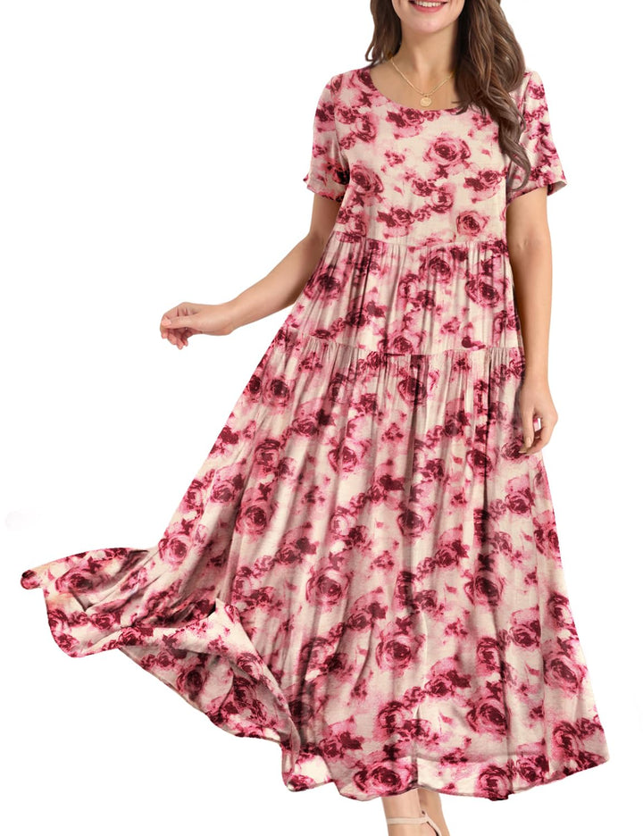 YESNO Damen Kleider Freizeit Lose Sommerkleid Lang Boho Maxikleid für Rundhals Strandkleid Blumenkle