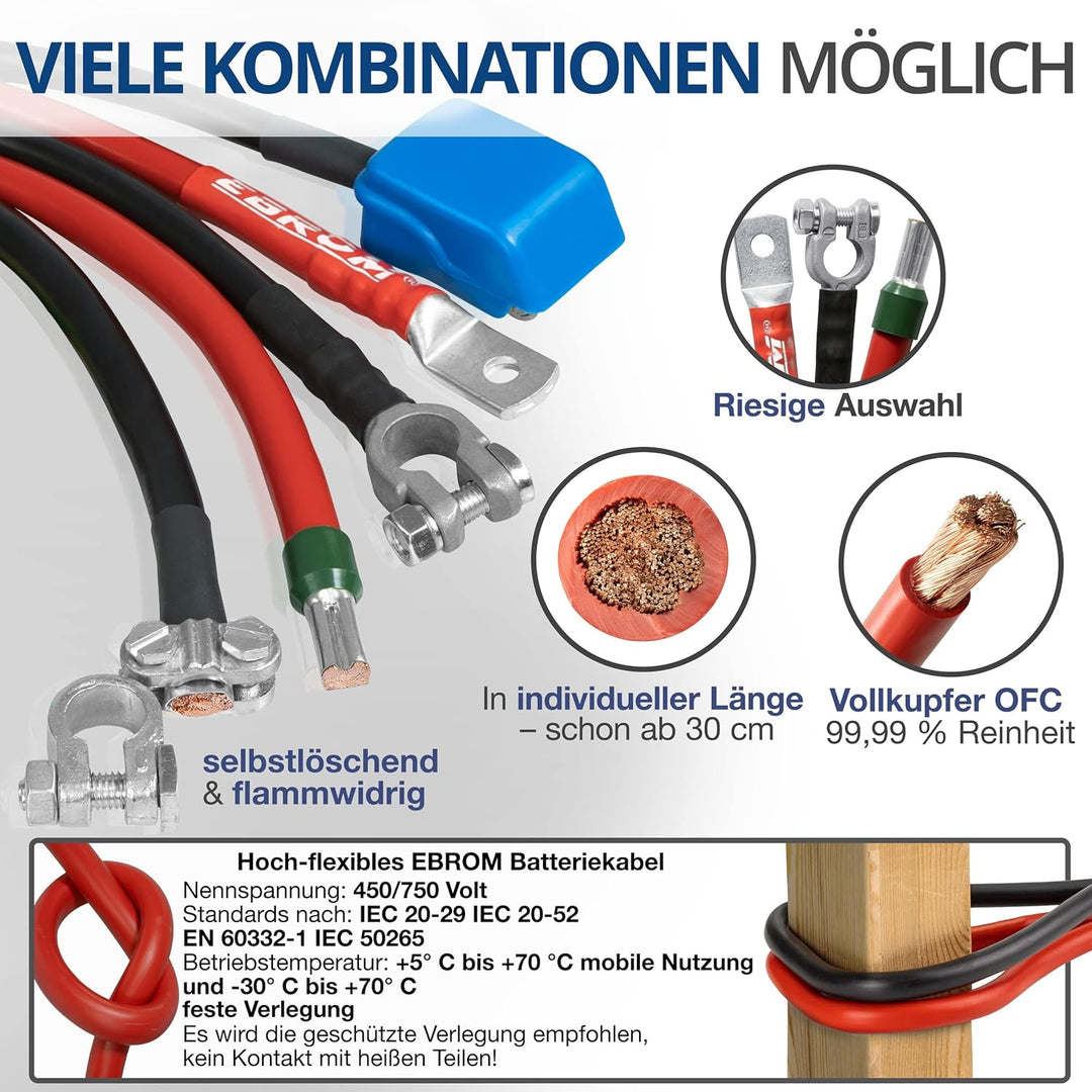 EBROM HI-FLEX Batteriekabel 70 mm² schwarz, fertig konfektioniert, ab 30 cm bis 10 m viele Längen +