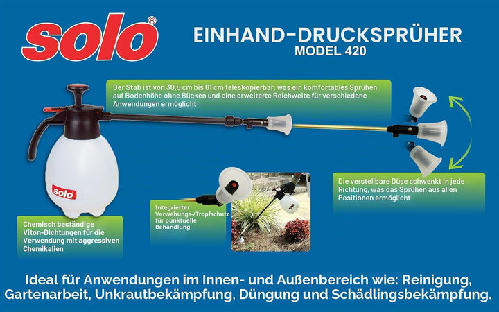 SOLO 420 2 Liter Einhanddrucksprüher mit verstellbarem Teleskopstab, 2 L