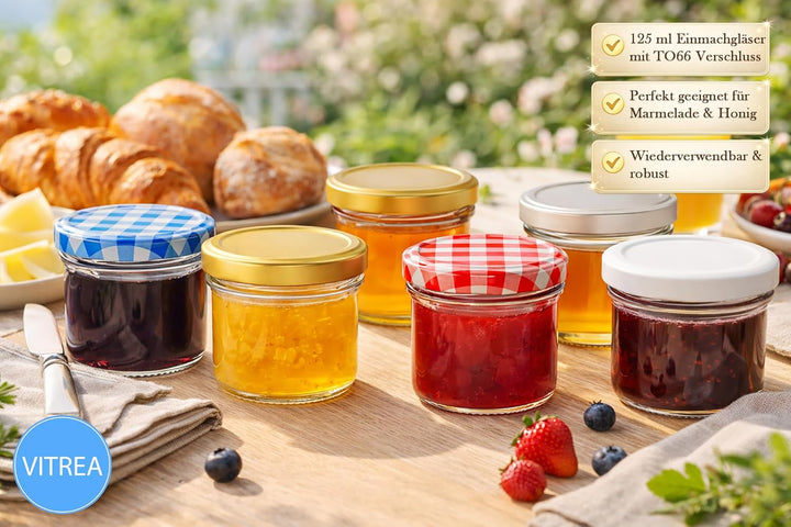 Vitrea 25x Marmeladengläser 125 ml - mit Deckel Gold TO 66 - Einmachgläser zum befüllen mit Schraubd