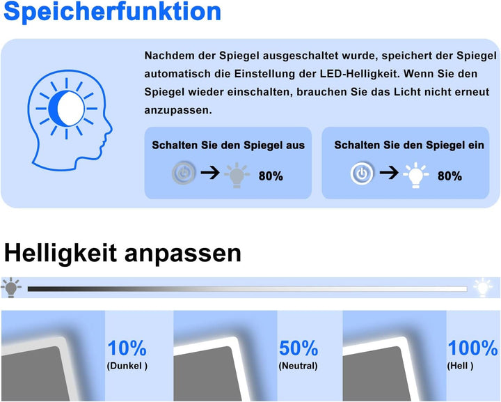 Aica Sanitär Badspiegel mit Beleuchtung 60×40cm Touch Wandschalter Kaltweiss dimmbar Memory-Funktion