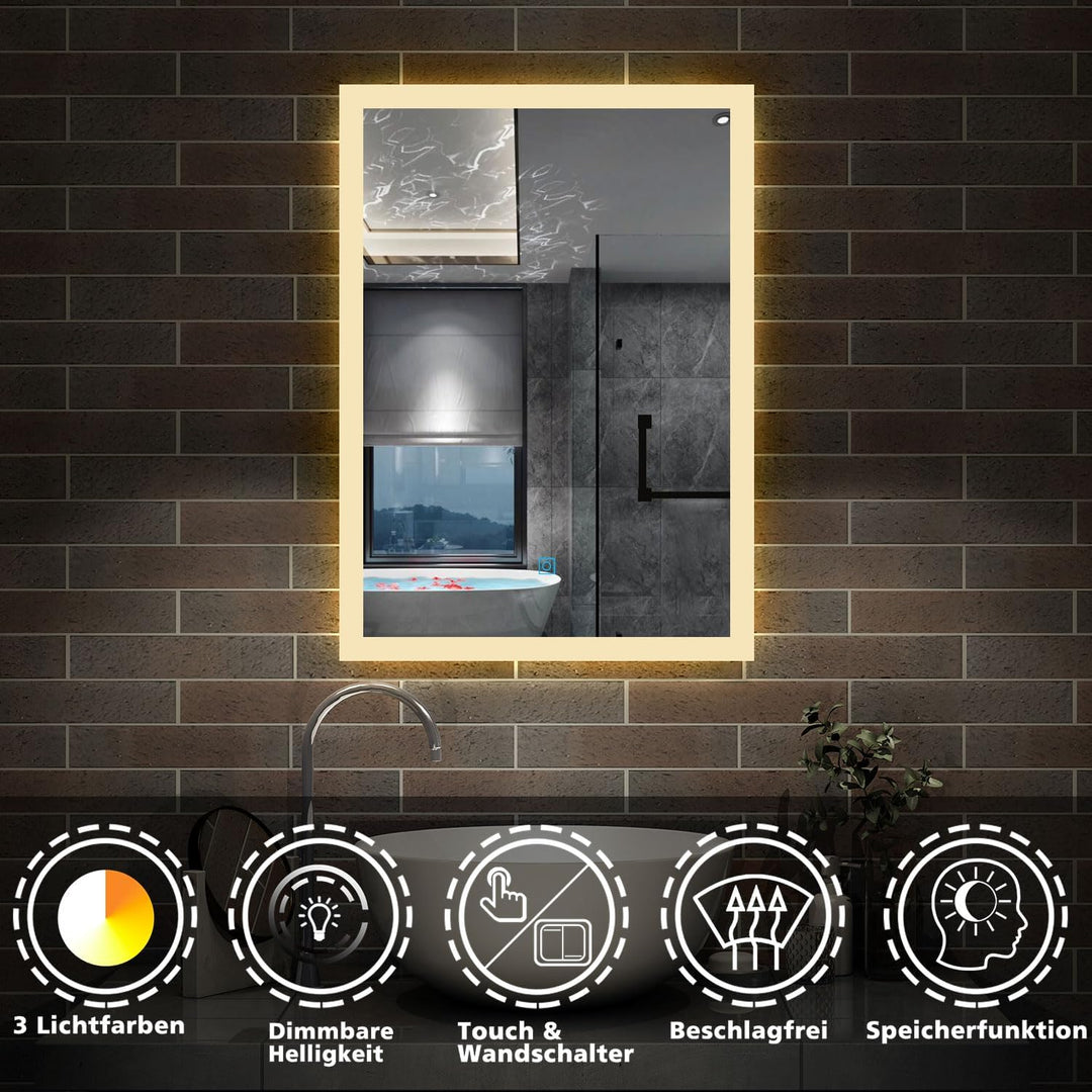 Aica Sanitär Badspiegel mit Beleuchtung 50×70cm 3 Lichfarbe dimmbar Memory Wand/Touchschalter Anti-B