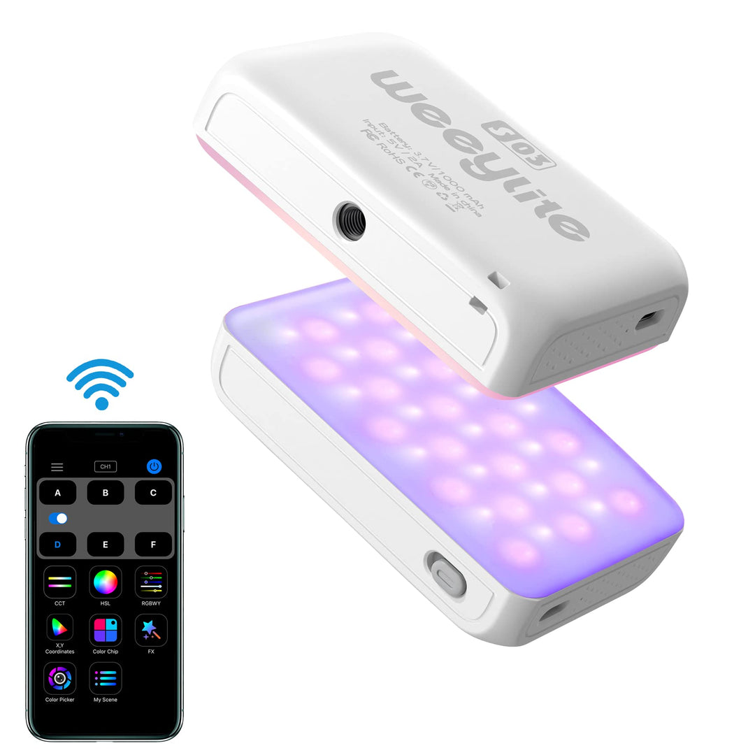 Weeylite S03 RGB Videoleuchte,Bluetooth APP Kontrolle Mini LED Videolicht mit Eingebautem Akku,Fotog