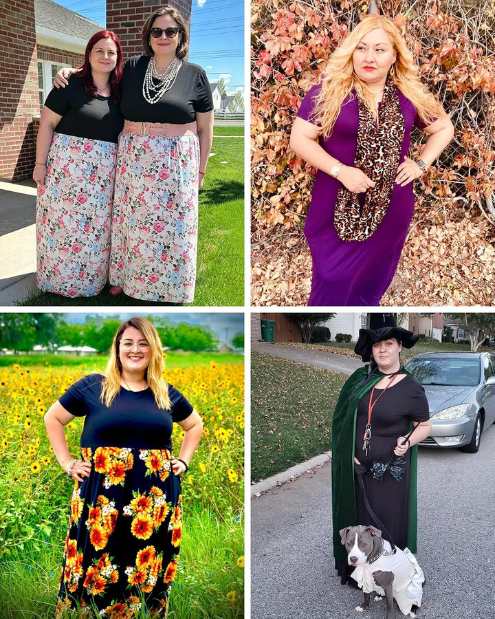 KARALIN Damen Plus Size Kurzarm Lose Einfarbig Casual Lange Maxi Kleider mit Taschen 001 Dunkelgrün