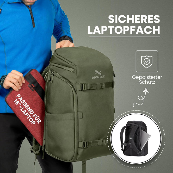 Zeeksack Rucksack Grün 30L - The Organizer Backpack & Reiserucksack mit Laptopfach, herausnehmbaren