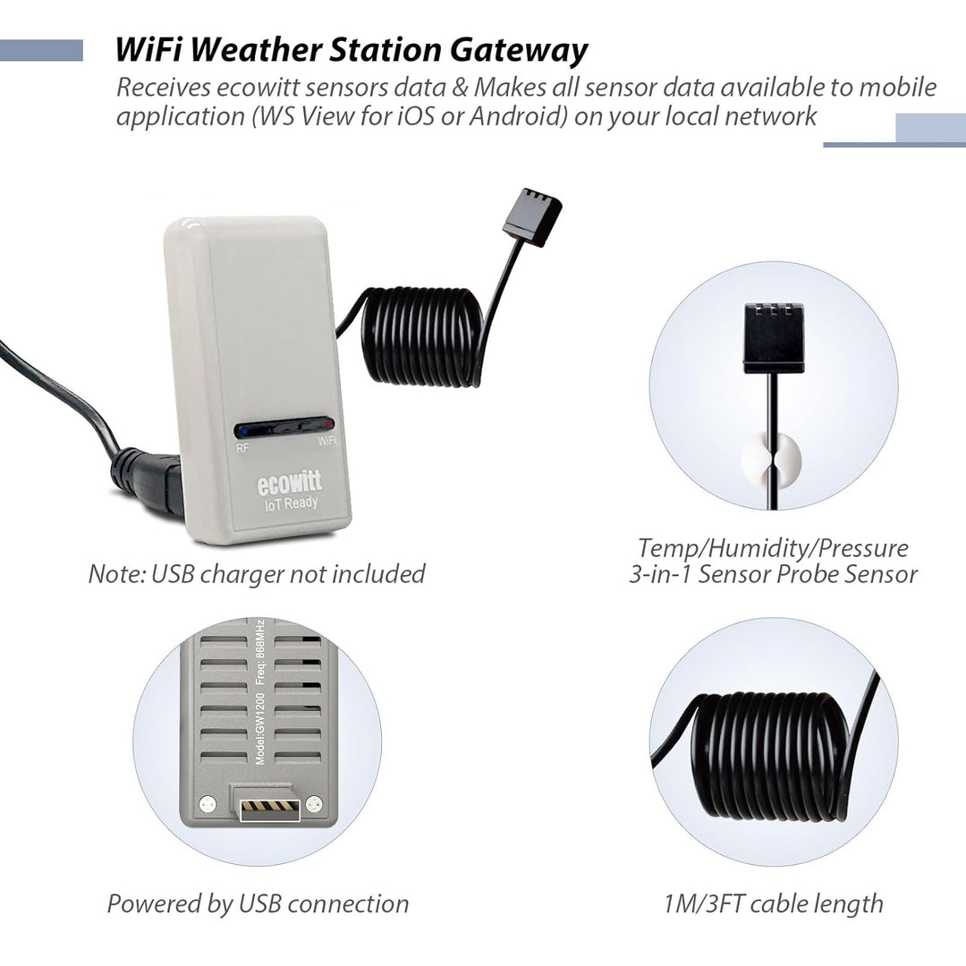 ECOWITT Gateway GW1200 für Wetterstation mit Aussensensor, Innenbereich 3 in 1 Temperatur, Feuchte-
