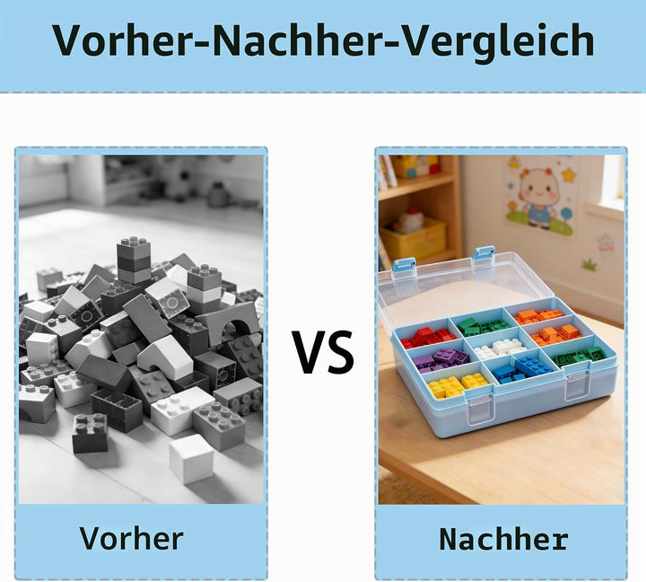 Zweistufig Aufbewahrungsbox für Lego, Bausteine Sortierbox mit 8 Fächern und 2 Druckknöpfen, Spielze