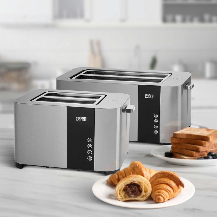 LEBENLANG Langschlitz Toaster 4 Scheiben mit Brötchenaufsatz - Touchscreen LED Display & 7 Stufen I