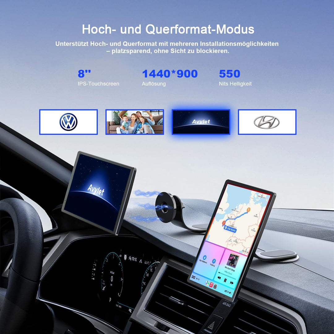 Avylet 8'' Tragbares Carplay Display für Apple CarPlay & Android Auto, 1440x900 Touch Bildschirm, Ma