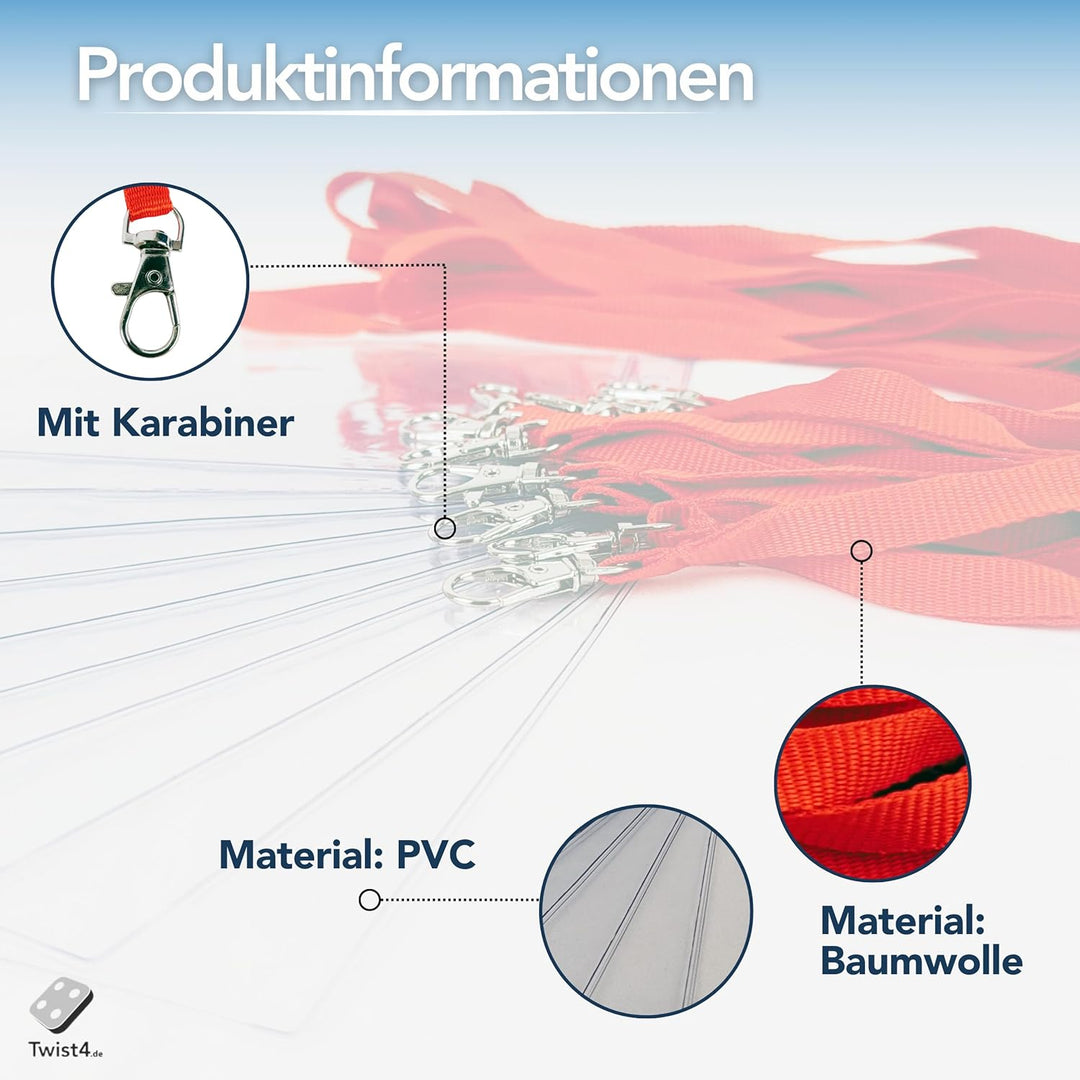 Schlüsselbänder aus Baumwolle mit Ausweishülle DIN A6 - twist4® (rot, 50 Stück) rot 50 Stück, rot 50