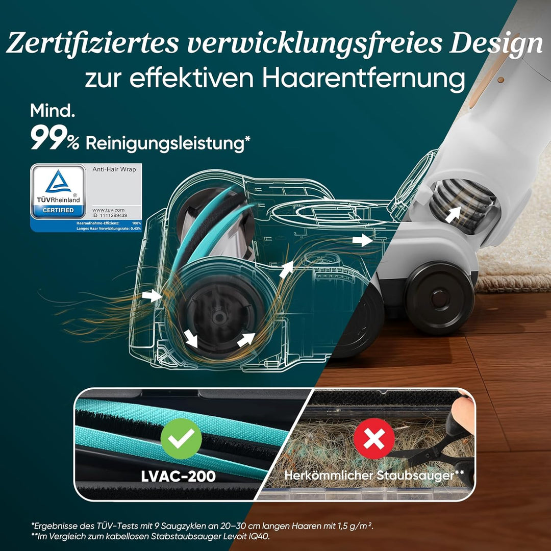 Levoit Akku Staubsauger mit Anti-Haar-Verwicklung, max 50Min Laufzeit, Akkustaubsauger mit 99,9 Proz
