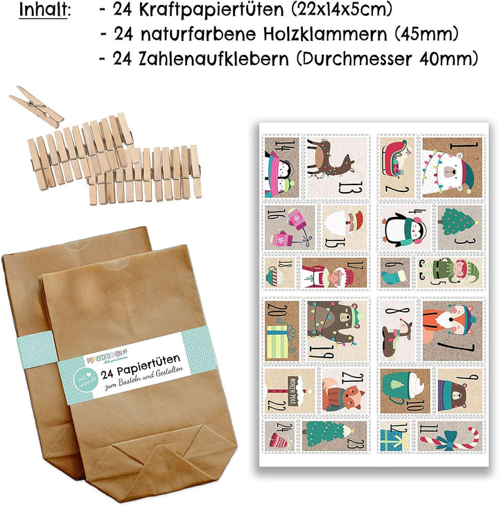 Papierdrachen Adventskalender zum Befüllen - 24 Geschenktüten und 24 Zahlenaufkleber und Klammern -