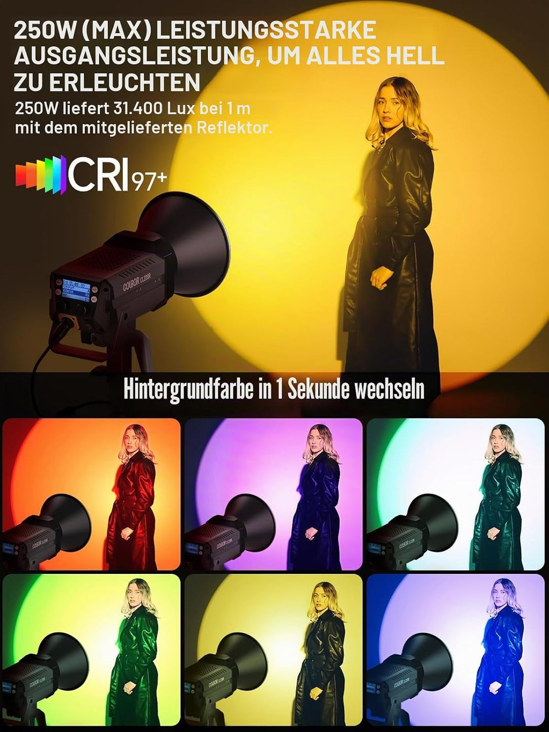 Videoleuchte, Colbor CL220R RGB 220W Dauerlicht mit M/G Balance 2700-6500K CRI96+ Bowens Mount Light