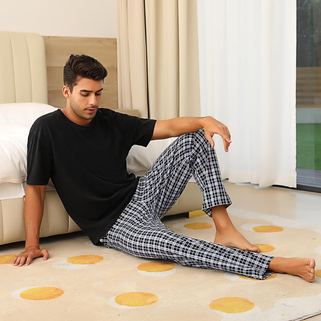 Litherday Schlafanzughose Herren Lang Kariert Pyjamahose 100% Baumwolle Nachtwäsche hose mit Taschen