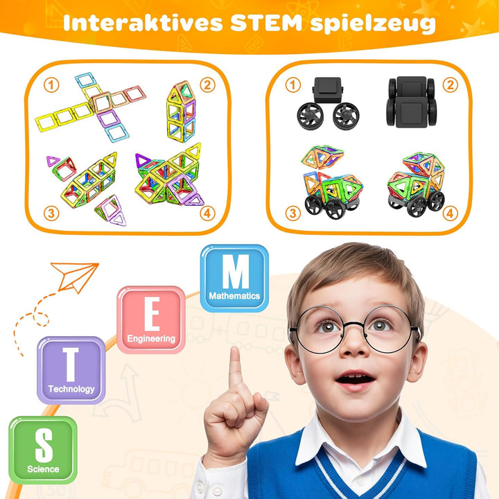 Magnetische Bausteine 136 Teile, Magnetspiel STEM Magnetbausteine, Montessori Spielzeug ab 3 Jahre,