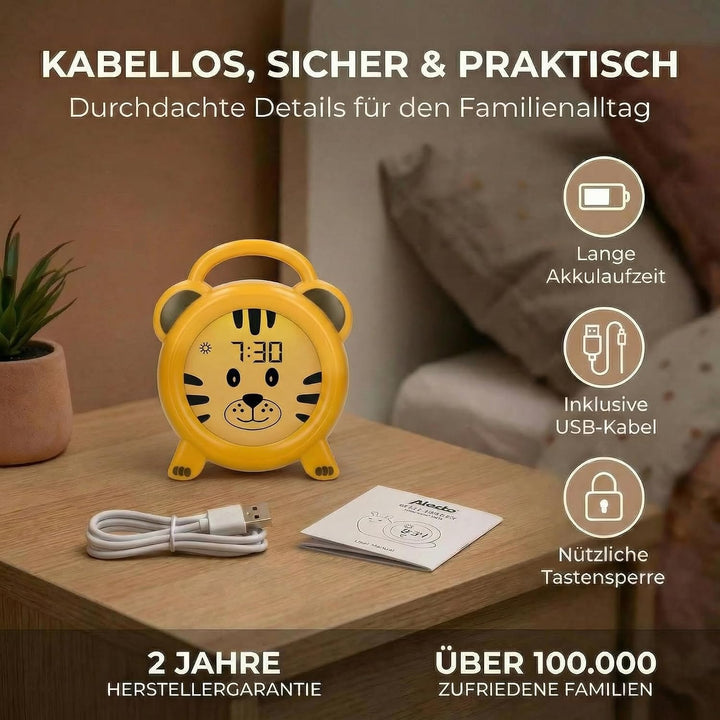 Alecto BC100TIGER - Pädagogischer Wecker Kinder - Schlaftrainer & Nachtlicht Kinder - Lernen von Sch