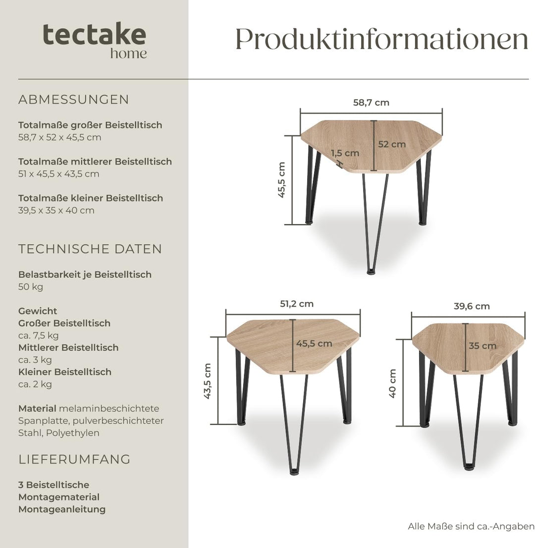 tectake Beistelltisch 3er Set, sechseckiger Couchtisch in 3 Grössen, Industrie-Stil, Holz Satztische