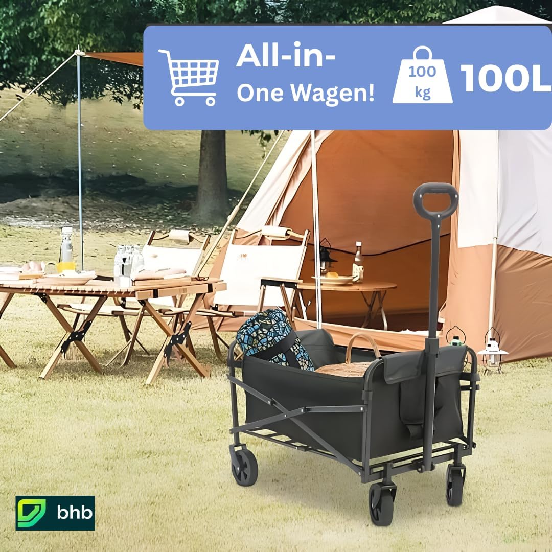 Bollerwagen Faltbar 100L 120kg, Klappbarer Handwagen, Geländegängig, Trolley für Garten Einkauf Camp