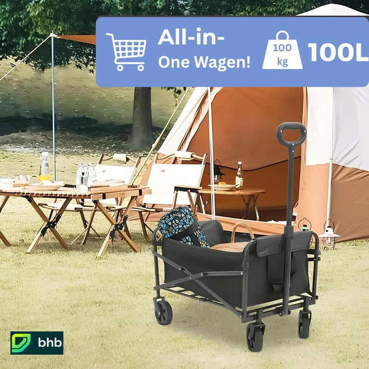 Bollerwagen Faltbar 100L 120kg, Klappbarer Handwagen, Geländegängig, Trolley für Garten Einkauf Camp